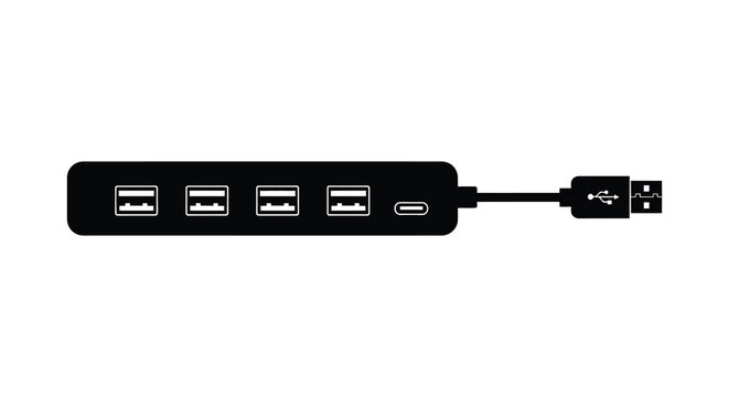 Black usb hub with multiple ports and cable a dark silhouette