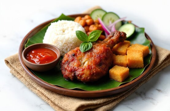 Plate of Indonesian nasi bebek with fried duck leg, white rice, crispy fried tofu cubes, chickpeas, cucumber slices, red onion, and chili sauce on banana leaf.