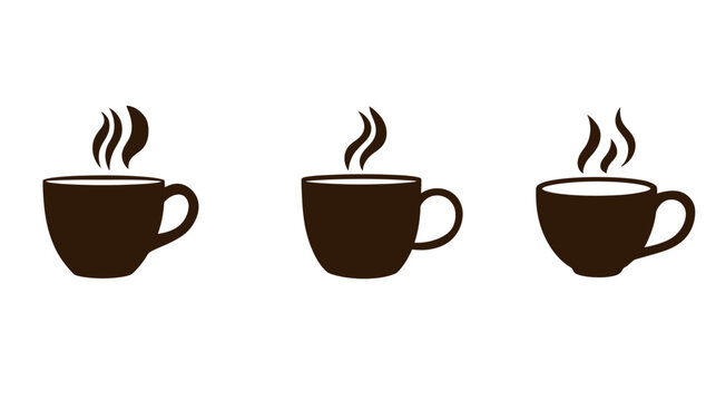 Three steaming coffee cups in brown, with stylized steam rising. All sit on a white background