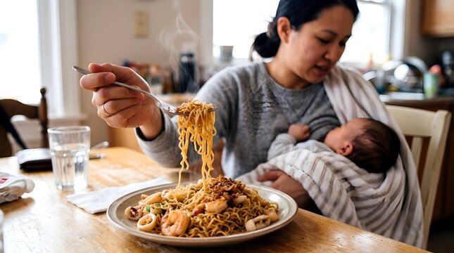 Asian mother multitasking by breastfeeding her infant while eating a meal of noodles