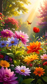 Vibrant flowers and butterflies in a sunny garden