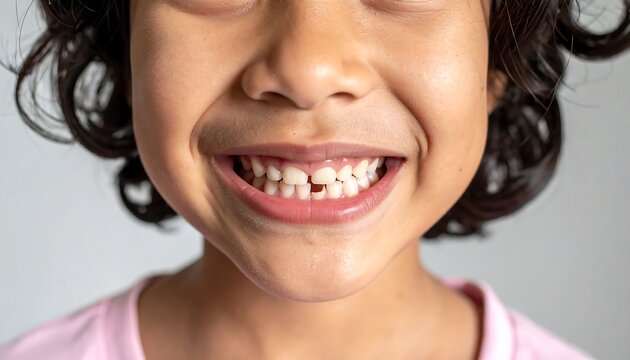 Little girl smiling with missing teeth.