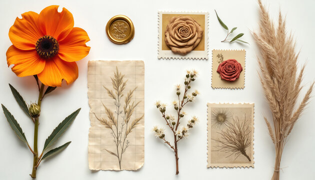 Collage of vintage botanical elements including pressed flowers dried plants and golden wax seal. Natural floral arrangements on aged paper with postage stamp motifs.