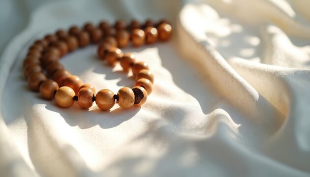 Wooden muslim prayer beads or tasbih rest on soft white cloth. Sunlight creates soft shadows and highlights textures. Item is a spiritual tool for prayer and meditation.