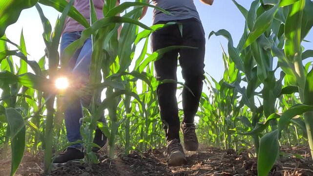 Young farmer and a female agronomist walk through rows of green corn in a agricultural field at sunset, analyzing the condition of the crops, low angle view - slow motion