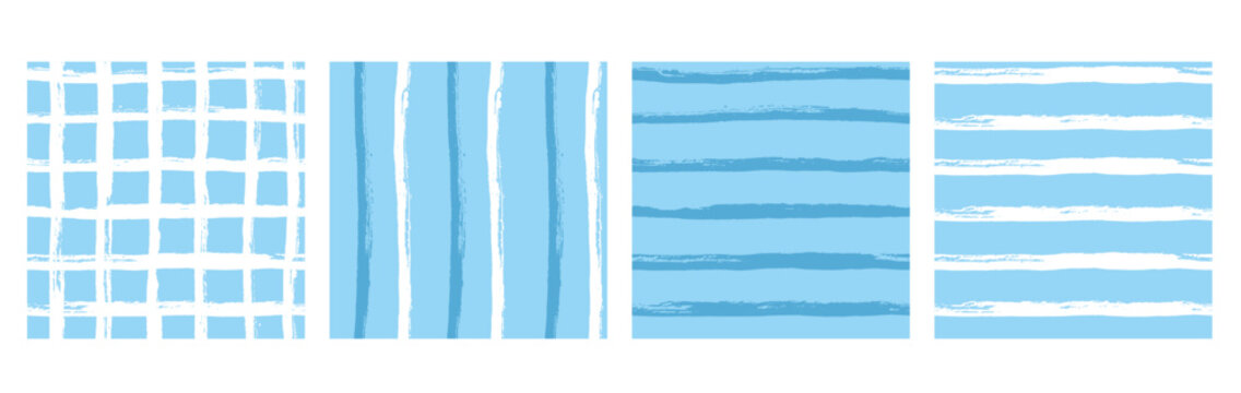 Blue coastal seamless pattern set. Baby stripes brush stroke and gingham grid for a male or sea pastel theme. Wavy abstract streak seamless backdrops set. Vector lines and plaid patterns collection.