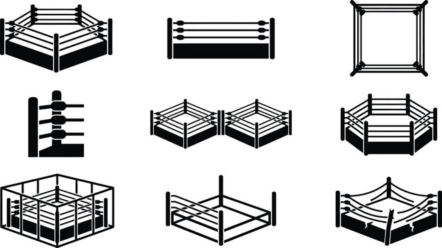 Sammlung von neun verschiedenen Kampfringen, darunter Boxringe, Wrestling-Ringe und K&auml;fige, als Schwarz-Wei&szlig;-Silhouetten.