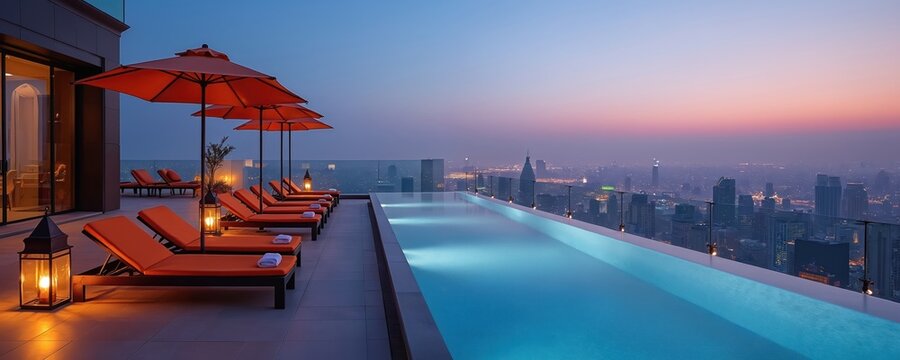 Rooftop infinity pool with orange loungers and umbrellas offers city skyline at dusk. Luxury hotel amenity provides serene urban escape with ambient lighting. Enjoy relaxation and stunning views.