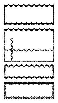 Four rectangular frames with decorative zig-zag or diamond shaped borders, varying in size and style, all in black and white