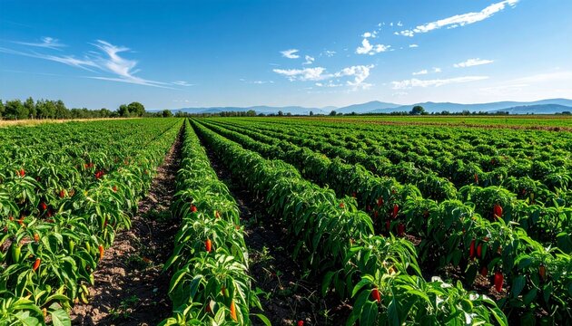 Green pepper field under blue sky