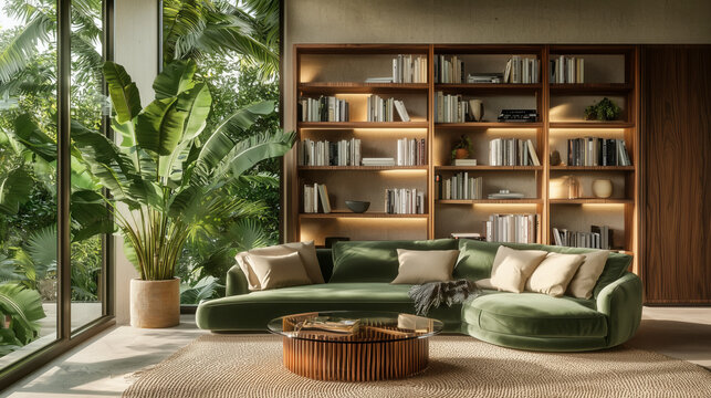 Modern living room with green curved sofa and wooden bookshelf for zoom virtual meetings backgrounds backdrop