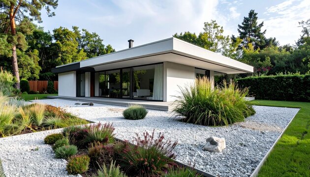 Modern house exterior with landscaped yard