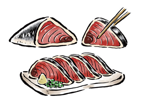 かつおのたたき　皿に盛ったもの・ブロック・箸でつまむ　筆タッチ手描きイラスト