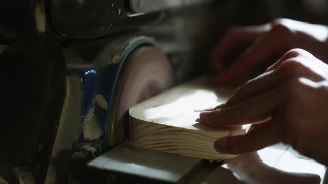Skilled hands operate a disc sander, carefully smoothing a wooden piece. A woodworker refines the wood's surface with precision and craftsmanship.