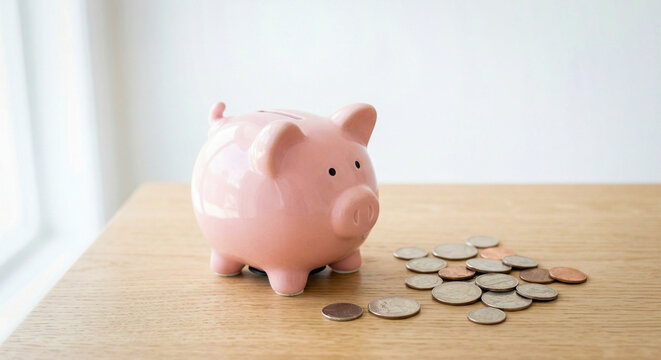 ​A classic pink ceramic piggy bank sits on a light wooden surface next to a scattered pile of US coins. The image features a clean, bright, and minimalist aesthetic, symbolizing personal savings. 