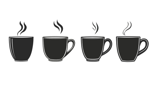 Four black coffee mugs, each with rising steam, on a white background, simple monochrome