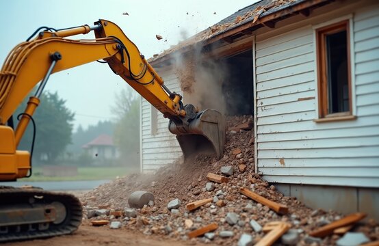 Excavator arm tears down house wall creating debris cloud. Heavy machine crushes old building, clearing construction site for urban redevelopment. Demolition work in progress, dust flies.