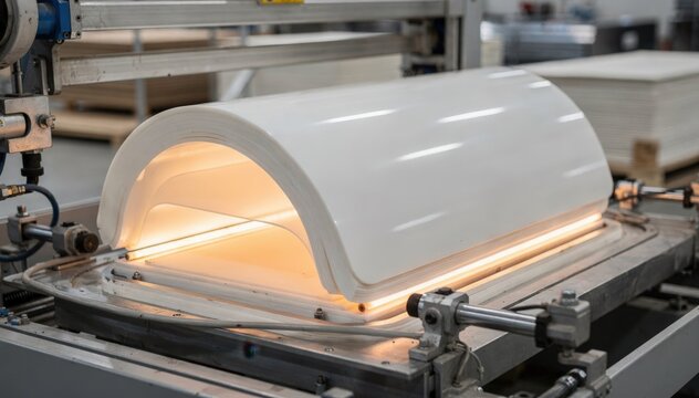 Medium shot focusing on the thermoforming process of laminated appliance panels showing smooth curved surfaces forming on kitchen appliance exteriors.