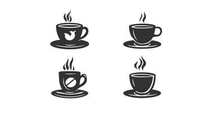 Obraz premium Four stylized coffee cups, each with steam, are arranged. One has a bird inside, another a forbidden symbol