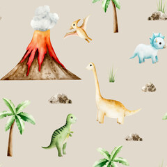 Seamless pattern with dinosaurs, volcano eruption, palm tree, sun and clouds. Watercolor hand drawn prehistoric triceratops, diplodocus, Spinosaurus, Brachiosaurus animal. Isolated illustration on © Natalia