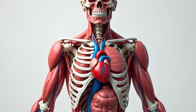 Human torso anatomy model showing muscles bones and internal organs. Detailed view of heart lungs skeleton and muscular system. Scientific illustration on clean white background for medical study.