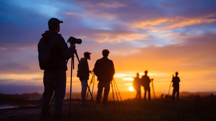 Obraz premium Creative team capturing dramatic sunrise or sunset colors in an expansive outdoor field setting