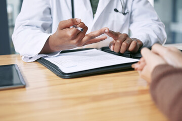 Fototapeta premium Hands, doctor and consulting with man in office for prescription, healthcare script or documents. Paperwork, medical and life insurance with people for counting, patient advice and report list
