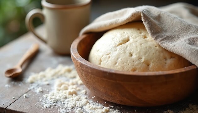 Active sourdough dough in rustic wooden bowl covered with cloth. Bubbles show fermentation process on flour dusted kitchen table. Ready for baking fresh bread loaf.