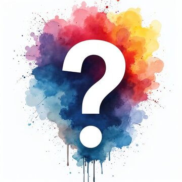 White question mark graphic over colorful watercolor splash. Symbol conveys inquiry doubt confusion mystery uncertainty problem or search for answers. Artistic creative design.