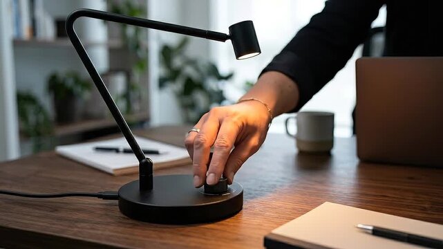 Modern remote office desk lamp with hand adjusting brightness and adjustable dimmer knob for focused task lighting creating warm, calm, future ready
