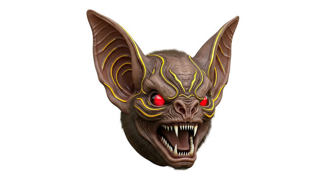 Demonic Bat Creature Head with Red Eyes and Gold Accents
