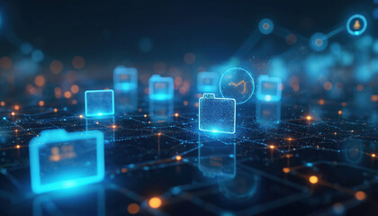 Obraz premium Digital interface shows glowing data folders floating in a connected network. Information flows in a futuristic cyberspace system. Files transfer and connect in virtual space.