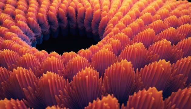 Wavy texture pattern with orange and purple gradient resembles coral reef or alien flora. Abstract organic shapes form a repeating wave like structure, creating depth and intrigue.