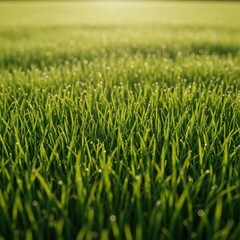 Fototapeta premium Close up shot of vibrant green lawn texture showing individual blades of grass and soft sunlight illumination during summer, dense, daylight, outdoor