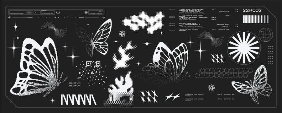Y2K Cyber Graphic Element Set Vector with Butterfly Abstract Shapes and Stars in White on Black for Trendy Streetwear and Editorial Design elements kit