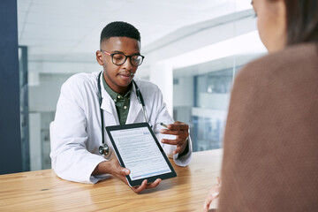 Fototapeta premium Man, doctor or patient with tablet screen in office, medical report or cancer treatment consultation. Appointment, gp or people with tech for health evaluation results, chemotherapy info or advice
