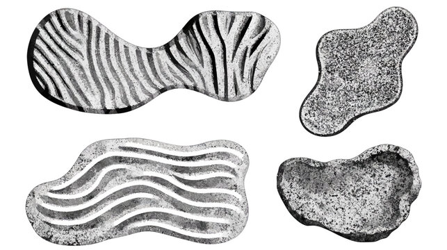 Four abstract shapes in varying grey and black tones, textured like stone or zebra stripes
