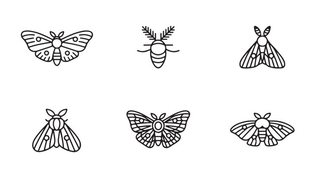 Collection of six minimalist moth and butterfly line art icons on a plain white background