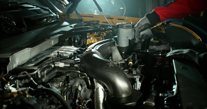 Slow motion shot of mechanic working on car engine with camera movement above engine, dramatic lighting in workshop. Automotive repair concept, maintenance and service.