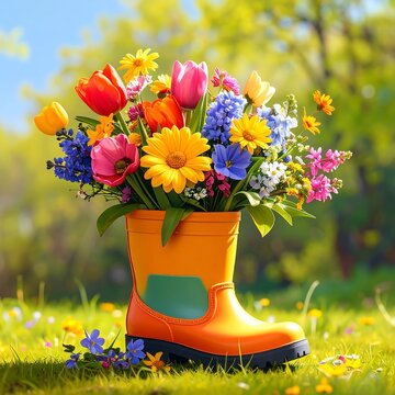 Vibrant flowers fill a bright orange rubber boot