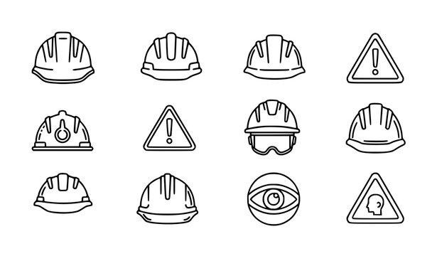 Safety helmet outline icons construction hard hat protective cap vector illustration set