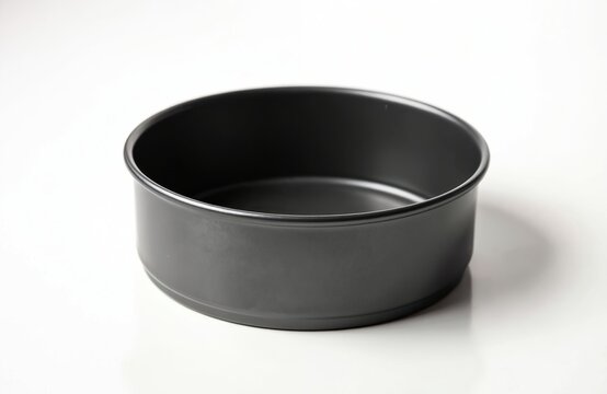 Round cake pan with non-stick surface. Empty metal baking mold for bread pies and pastries. Kitchen utensil for home bakery. Professional cooking equipment.