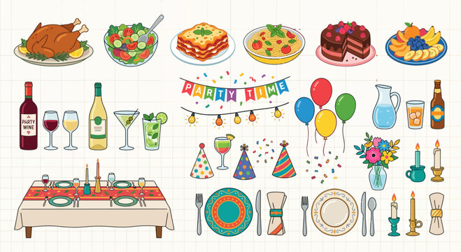 Extensive Dinner Party Clipart Set with Food, Drinks, Tableware and Celebration Decor