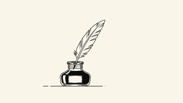 Classic inkwell and quill pen illustration in a traditional sketch style represents writing, literature, and historical communication.