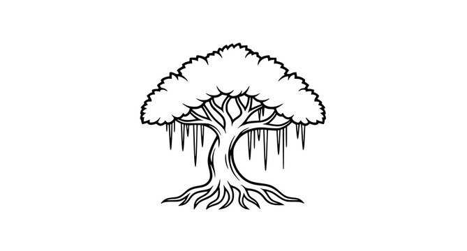 Stylized banyan tree silhouette vector with symmetrical roots minimalist design isolated on white