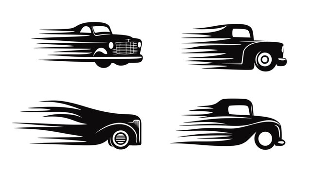 Four silhouettes of classic cars with motion lines, conveying speed and dynamism