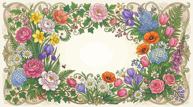Whimsical Spring Floral Border with a Delicate Bumblebee Illustration