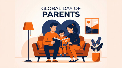 Fototapeta premium Global day of parents family reading together at home illustration with mother father and child on sofa for greeting card banner social media and lifestyle design
