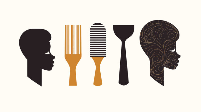 Silhouettes of faces and hair tools in black, brown, and gold on a cream background