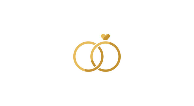 Two interlocking gold wedding rings featuring a small heart shaped diamond setting on one band are centered against a minimalist white background backdrop.